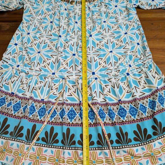 Nicole Miller Blue Boho Aztec Beaded Embellished Neck Floral Dress Large Ruffled - Picture 12 of 15
